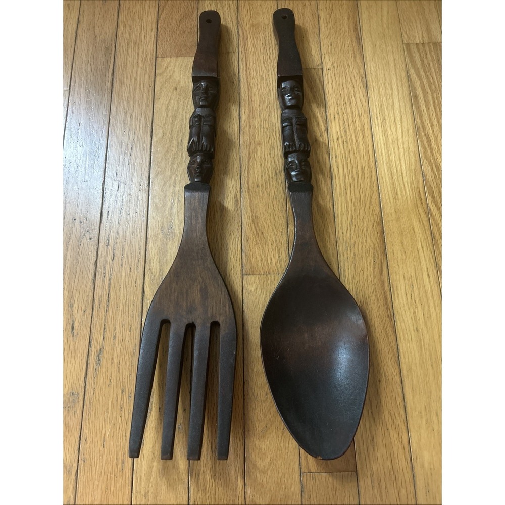 70s Wooden Fork And Spoon Home Decor 22 Inch Carved Tiki Totem Design MCM Vtg
